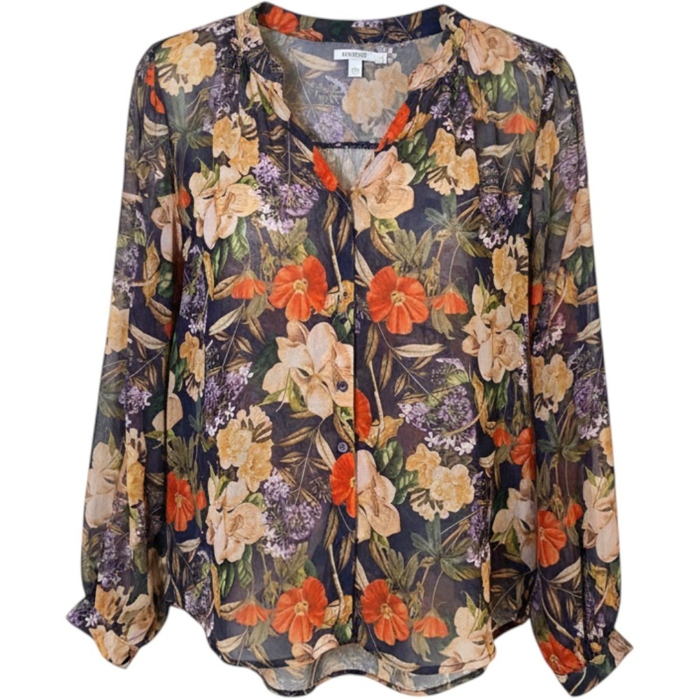 Chico's Blouse Womens 3 XL 16/18 Navy Floral Chiffon V-Neck Sheer Boho Top